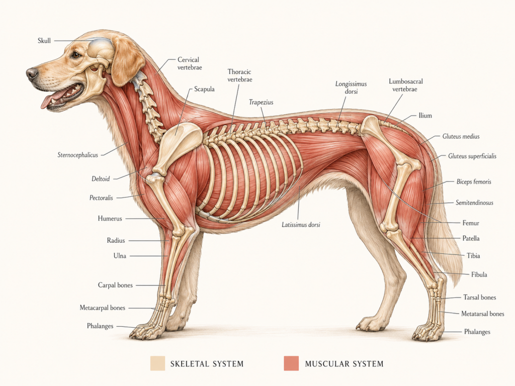 Anatomical dog diagram with muscle and bones
